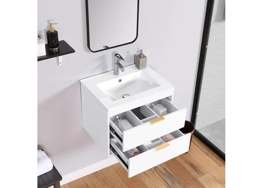 24" Floating Wall Mounted Bathroom Vanity With White Porcelain Sink And Soft Close Doors 0002