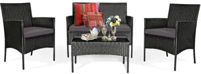 4 Pieces Patio Rattan Cushioned Sofa Set with Tempered Glass Coffee Table