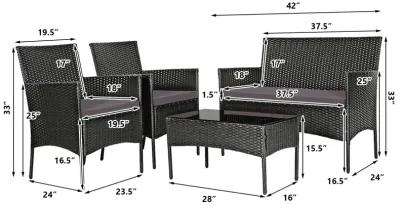 4 Pieces Patio Rattan Cushioned Sofa Set with Tempered Glass Coffee Table