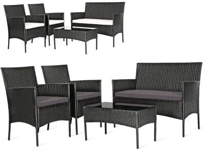 4 Pieces Patio Rattan Cushioned Sofa Set with Tempered Glass Coffee Table