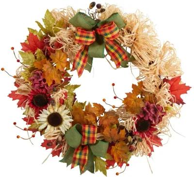 HomPlanti 30" Harvest Autumn Sunflower, Maple Leaves and Berries Artificial Fall Wreath with Decorative Bows