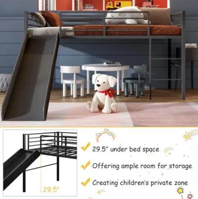 Hivvago Twin Metal Loft Bed with Slide Safety Guardrails and Built-in Ladder