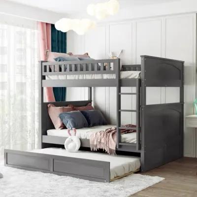 Full Over Full Bunk Bed With Twin Size Trundle, Pine Wood Bunk Bed With Guardrails, Gold