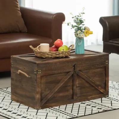 Brown Large Wooden Lockable Trunk Farmhouse Style Rustic Design Lined Storage Chest with Rope Handles