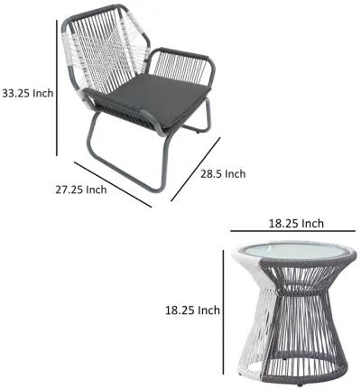 Ciao 3 Piece Outdoor Set, 2 Chairs, 1 Table, Gray Woven Rope and Steel