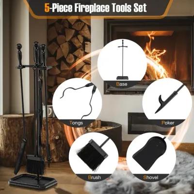 5-Piece Fireplace Tool Set with Tong Brush Shovel Poker Stand-Black