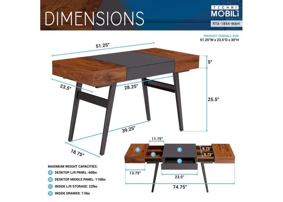 Techni Mobili Expandable Modern Desk with Storage, Mahogany