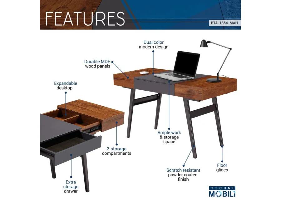 Techni Mobili Expandable Modern Desk with Storage, Mahogany