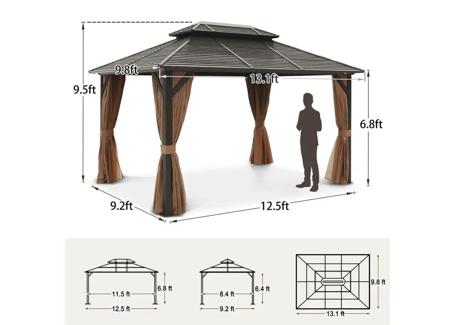 MONDAWE 10 ft. x 13 ft. Black Aluminium Alloy Gazebo with Netting and Brown Curtains