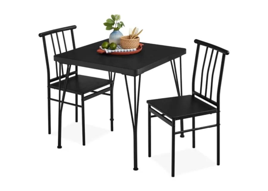 Modern 3 Piece Metal Frame Dining Set with Black Wood Top Table and 2 Chairs