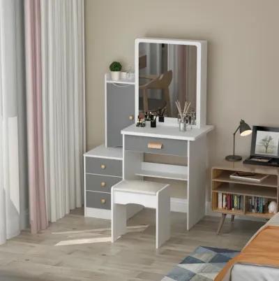 Gray Wood Sliding Big Mirror Makeup Vanity Sets Dresser Table Sets With Storage Shelves, 4-Drawers and Stool