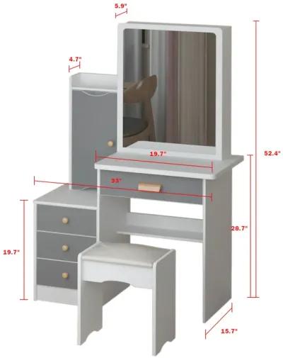 Gray Wood Sliding Big Mirror Makeup Vanity Sets Dresser Table Sets With Storage Shelves, 4-Drawers and Stool