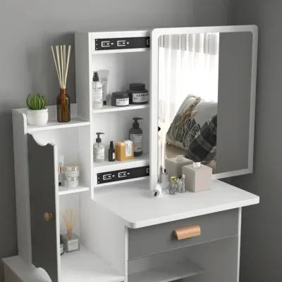 Gray Wood Sliding Big Mirror Makeup Vanity Sets Dresser Table Sets With Storage Shelves, 4-Drawers and Stool