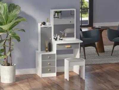 Gray Wood Sliding Big Mirror Makeup Vanity Sets Dresser Table Sets With Storage Shelves, 4-Drawers and Stool