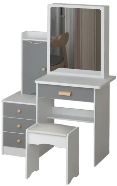 Gray Wood Sliding Big Mirror Makeup Vanity Sets Dresser Table Sets With Storage Shelves, 4-Drawers and Stool