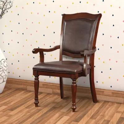 Wooden Arm Chair With Leather Upholstery, Cherry Brown, Set Of 2-Benzara