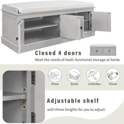 Storage Bench With 4 Doors And Adjustable Shelves, Shoe Bench With Removable Cushion