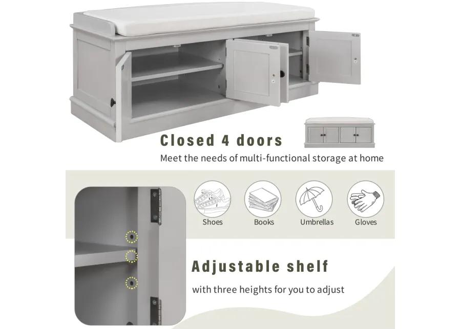 Storage Bench With 4 Doors And Adjustable Shelves, Shoe Bench With Removable Cushion