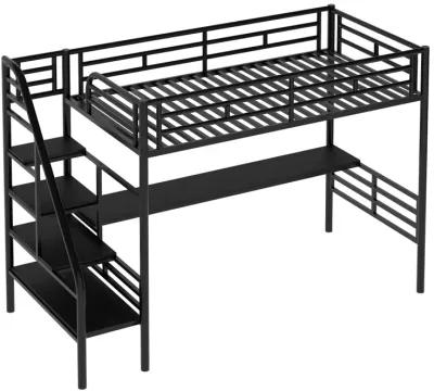 Metal Loft Bed Frame With Desk, No Box Spring Needed, Twin