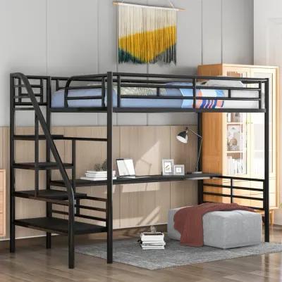 Metal Loft Bed Frame With Desk, No Box Spring Needed, Twin