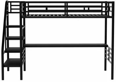 Metal Loft Bed Frame With Desk, No Box Spring Needed, Twin