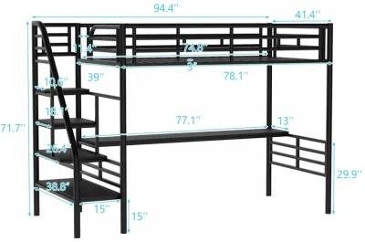 Metal Loft Bed Frame With Desk, No Box Spring Needed, Twin