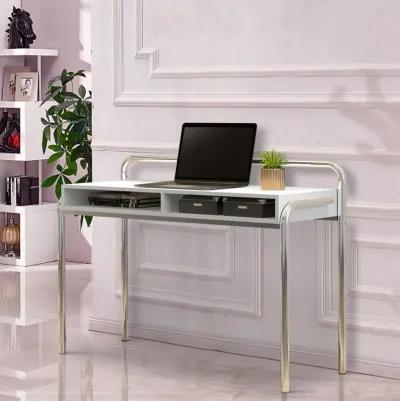 Office Desk with 2 Compartments and Tubular Metal Frame, White and Chrome-Benzara