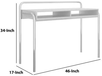 Office Desk with 2 Compartments and Tubular Metal Frame, White and Chrome-Benzara