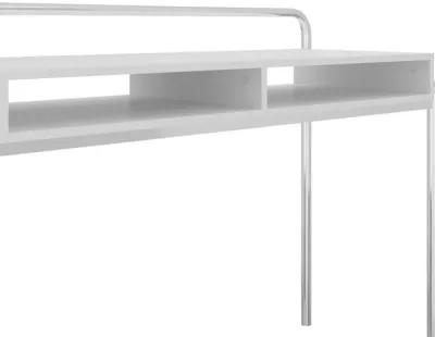 Office Desk with 2 Compartments and Tubular Metal Frame, White and Chrome-Benzara