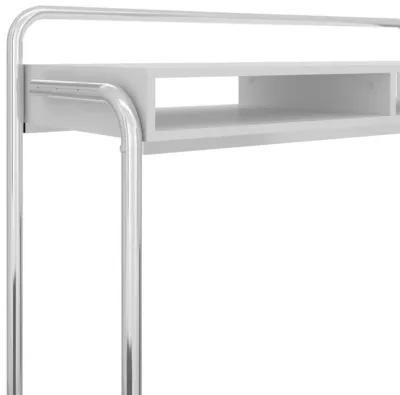 Office Desk with 2 Compartments and Tubular Metal Frame, White and Chrome-Benzara