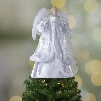 18" Lighted White and Silver Angel in a Dress Christmas Tree Topper - Warm White Lights