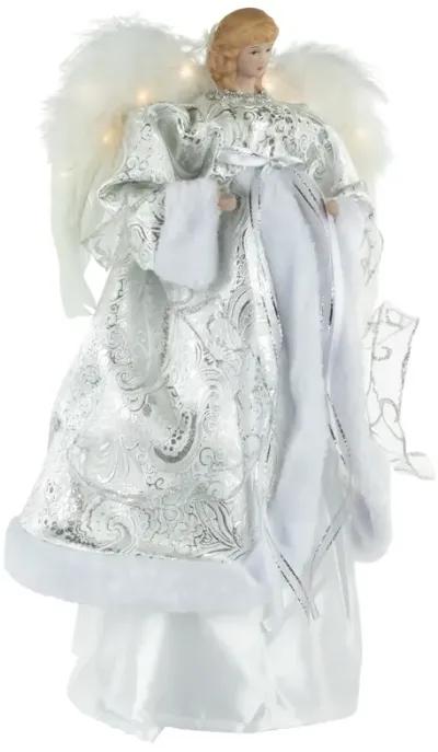 18" Lighted White and Silver Angel in a Dress Christmas Tree Topper - Warm White Lights