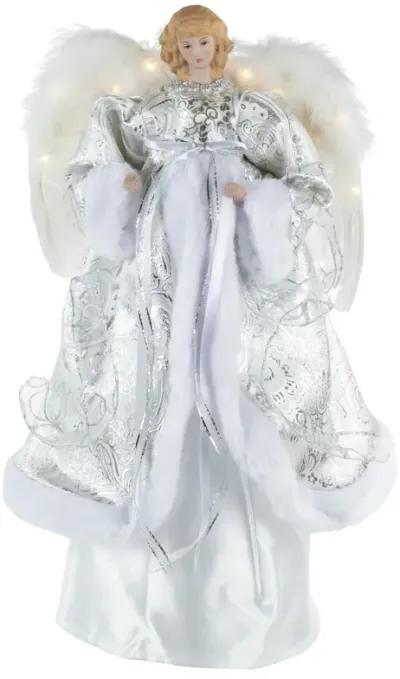 18" Lighted White and Silver Angel in a Dress Christmas Tree Topper - Warm White Lights