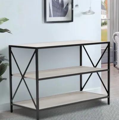 Gem 40 Inch Metal Console Sideboard Table, 3 Shelves, X Side Accents, Black, Whitewash-Benzara