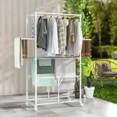 Hivvago 68.5 Inches Foldable Aluminum Laundry Rack with Hanging Rods and Drying Shelves-White