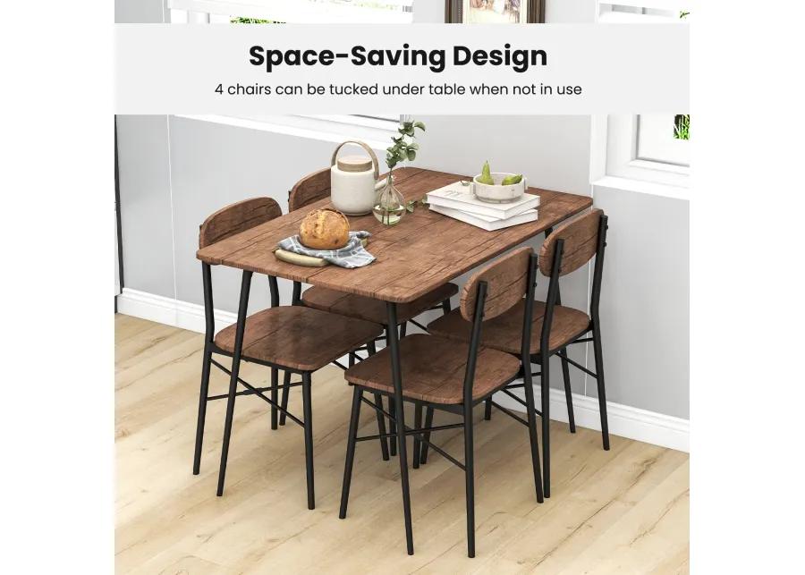 5 Piece Dining Table Set Rectangular with Backrest and Metal Legs for Breakfast Nook-Rustic Brown