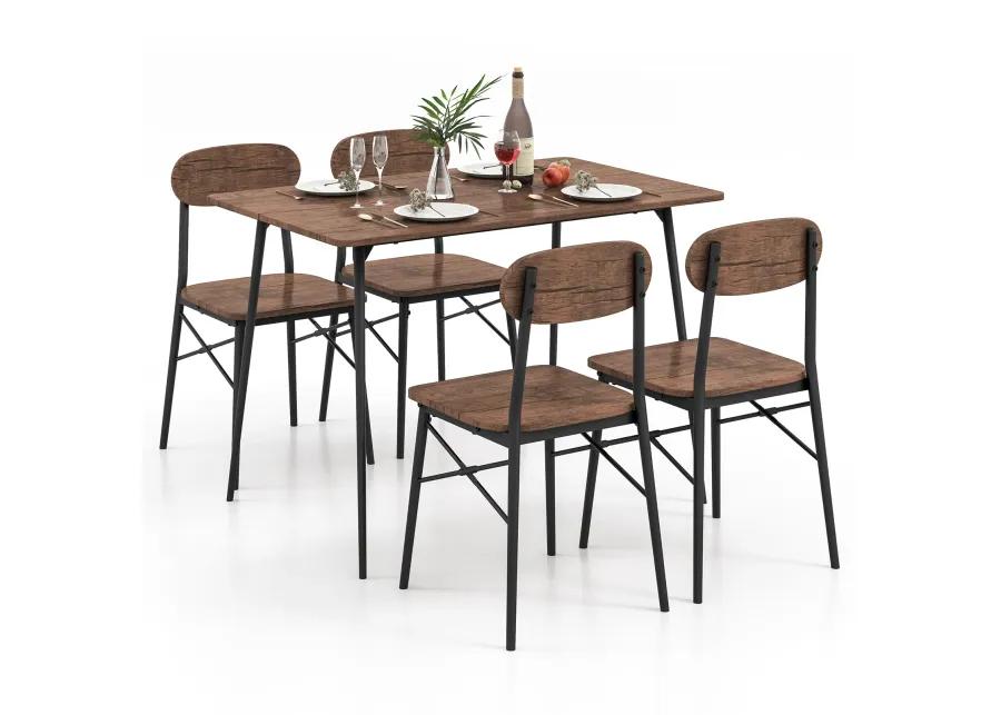 5 Piece Dining Table Set Rectangular with Backrest and Metal Legs for Breakfast Nook-Rustic Brown