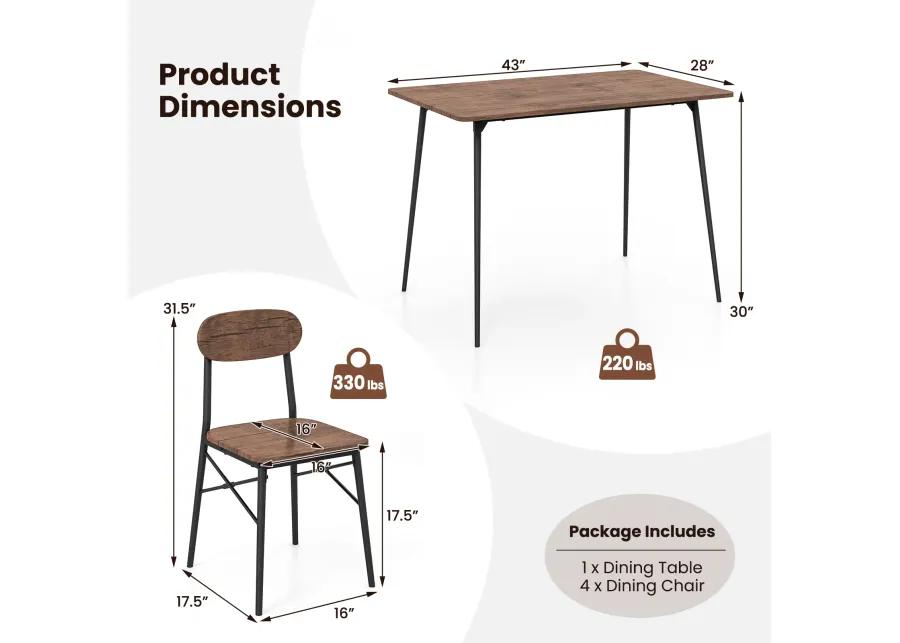 5 Piece Dining Table Set Rectangular with Backrest and Metal Legs for Breakfast Nook-Rustic Brown