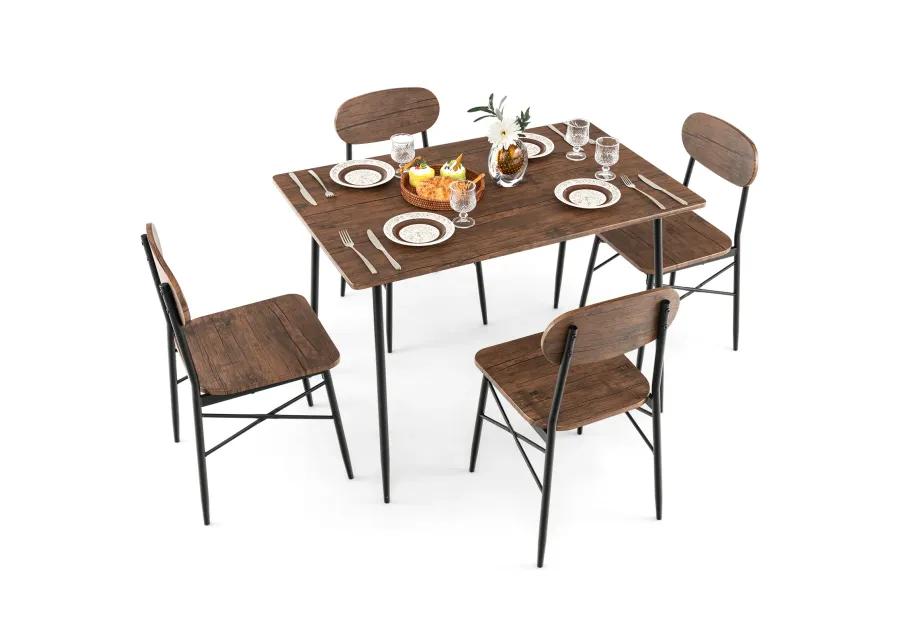 5 Piece Dining Table Set Rectangular with Backrest and Metal Legs for Breakfast Nook-Rustic Brown