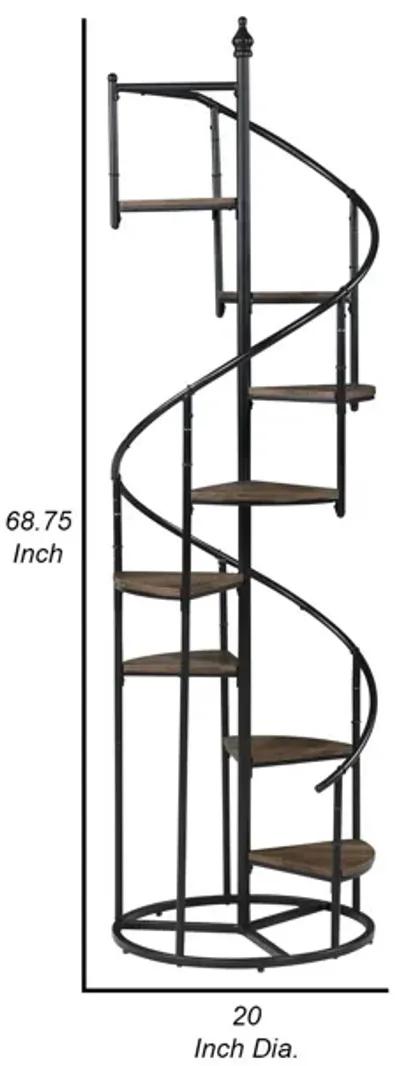 69 Inch Wood Bookcase, Spiral Metal Frame, Staircase Design, Brown-Benzara