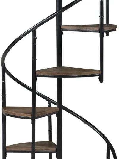 69 Inch Wood Bookcase, Spiral Metal Frame, Staircase Design, Brown-Benzara