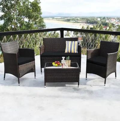 4 Pieces Comfortable Outdoor Rattan Sofa Set with Glass Coffee Table