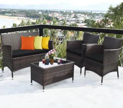 4 Pieces Comfortable Outdoor Rattan Sofa Set with Glass Coffee Table