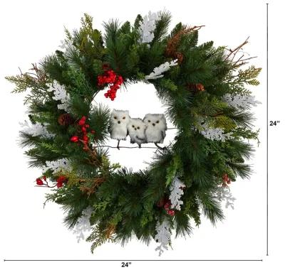 HomPlanti 24" Holiday Winter Owl Family Pinecone Berry Christmas Artificial Wreath