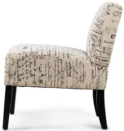 QuikFurn Modern Accent Chair Off-White French Cursive Pattern Upholstery with Black Wood Legs