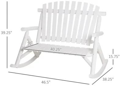 White Garden Duo: 2-Person Wooden Rocking Bench with Slatted Design