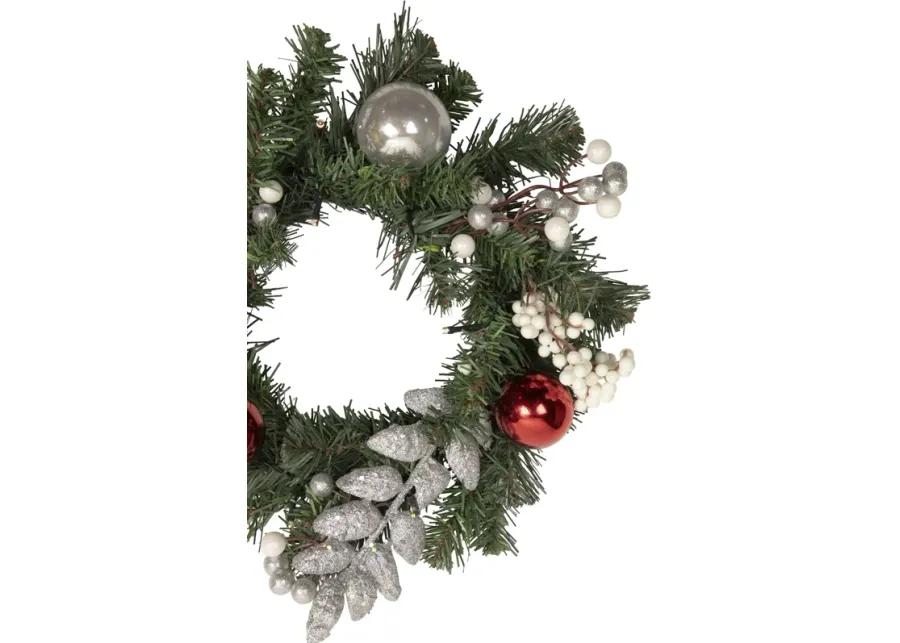 16" Pre-Lit Decorated Green Pine Artificial Christmas Wreath  Warm White LED Lights