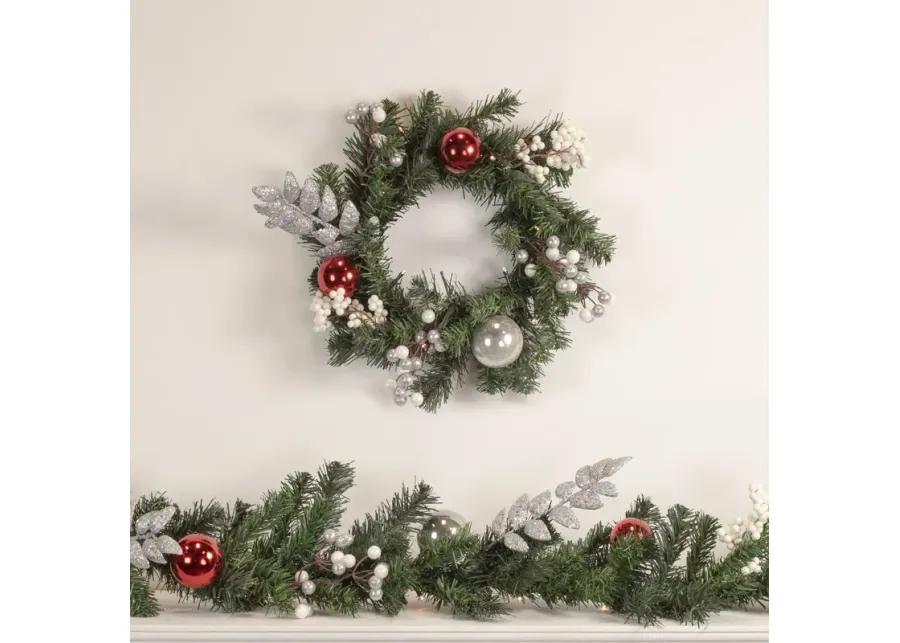 16" Pre-Lit Decorated Green Pine Artificial Christmas Wreath  Warm White LED Lights