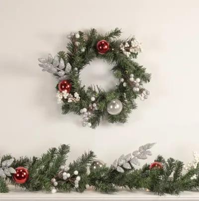 16" Pre-Lit Decorated Green Pine Artificial Christmas Wreath  Warm White LED Lights