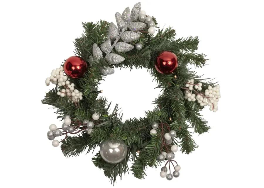 16" Pre-Lit Decorated Green Pine Artificial Christmas Wreath  Warm White LED Lights